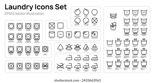 Outline laundry icons set vector illustration design. Collection of washing symbols, bleaching, ironing, drying.