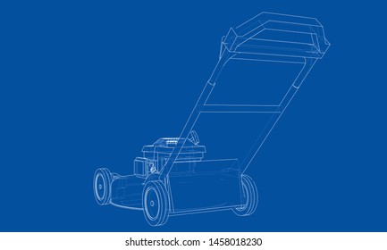 Outline lawn mower vector. Wire-frame style. The layers of visible and invisible lines. 3D illustration