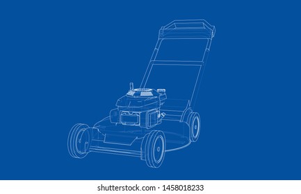 Outline lawn mower vector. Wire-frame style. The layers of visible and invisible lines. 3D illustration