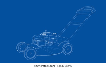 Outline lawn mower vector. Wire-frame style. The layers of visible and invisible lines. 3D illustration