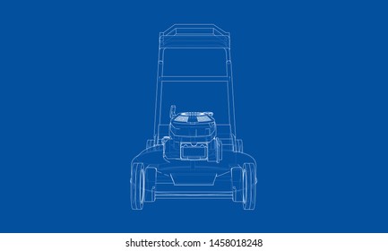 Outline lawn mower vector. Wire-frame style. The layers of visible and invisible lines. 3D illustration
