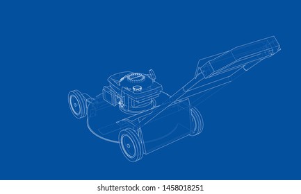 Outline lawn mower vector. Wire-frame style. The layers of visible and invisible lines. 3D illustration