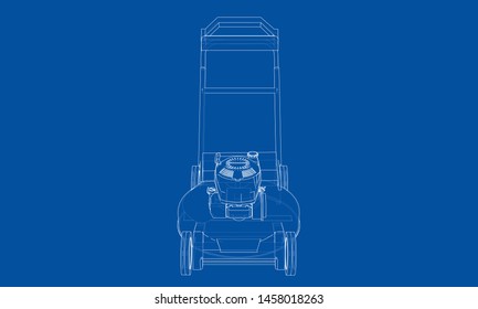 Outline lawn mower vector. Wire-frame style. The layers of visible and invisible lines. 3D illustration