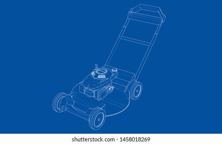 Outline lawn mower vector. Wire-frame style. The layers of visible and invisible lines. 3D illustration