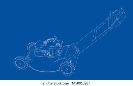 Outline lawn mower vector. Wire-frame style. The layers of visible and invisible lines. 3D illustration