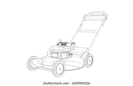 Outline lawn mower vector. Wire-frame style. The layers of visible and invisible lines. 3D illustration