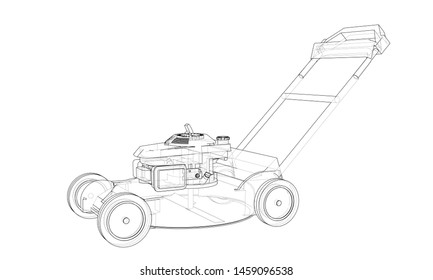 Outline lawn mower vector. Wire-frame style. The layers of visible and invisible lines. 3D illustration