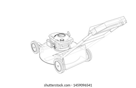 Outline lawn mower vector. Wire-frame style. The layers of visible and invisible lines. 3D illustration