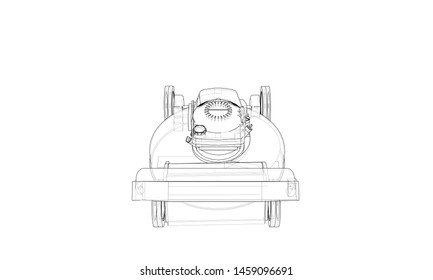 Outline lawn mower vector. Wire-frame style. The layers of visible and invisible lines. 3D illustration