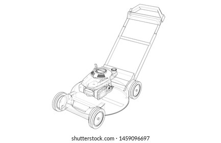 Outline lawn mower vector. Wire-frame style. The layers of visible and invisible lines. 3D illustration