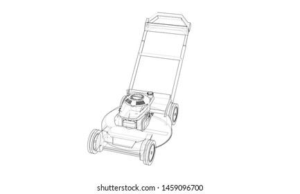 Outline lawn mower vector. Wire-frame style. The layers of visible and invisible lines. 3D illustration
