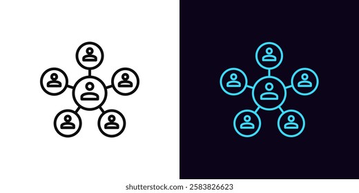 Outline leader icon, with editable stroke. Central chief, centralized management system. Head authority, team control organization, teamwork manage, distribution system, social network. Vector icon