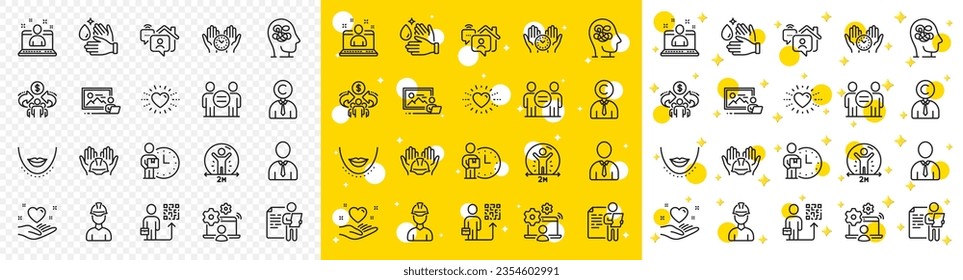 Outline Leadership, Delivery man and Foreman line icons pack for web with Hold heart, Social distance, Online job line icon. Sharing economy, Job interview, Heart pictogram icon. Vector