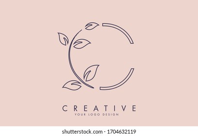 Outline Leaf Letter C Logo Design with Leaves on a Branch and Pink Background. Letter C with nature concept. Eco and Organic Letter Vector Illustration. 