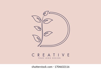 Outline Leaf Letter D Logo Design with Leaves on a Branch and Pink Background. Letter D with nature concept. Eco and Organic Letter Vector Illustration. 