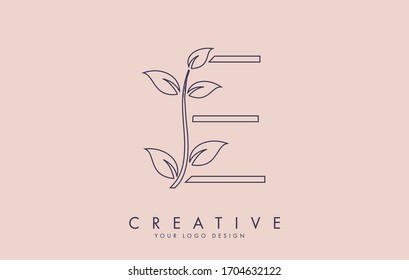 Outline Leaf Letter E Logo Design with Leaves on a Branch and Pink Background. Letter E with nature concept. Eco and Organic Letter Vector Illustration. 
