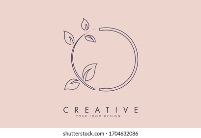 Outline Leaf Letter O Logo Design with Leaves on a Branch and Pink Background. Letter O with nature concept. Eco and Organic Letter Vector Illustration. 