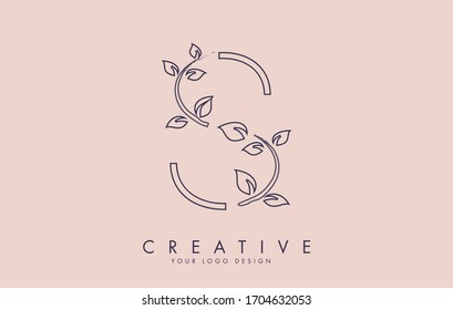 Diseño de logotipo de letra de hoja de esquema S con hojas en un fondo rosado y bifurcación. Carta S con concepto de naturaleza. Ilustración de vectores de letras ecológicas y orgánicas. 