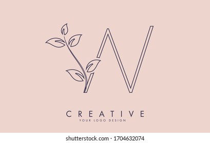 Outline Leaf Letter W Logo Design with Leaves on a Branch and Pink Background. Letter W with nature concept. Eco and Organic Letter Vector Illustration. 