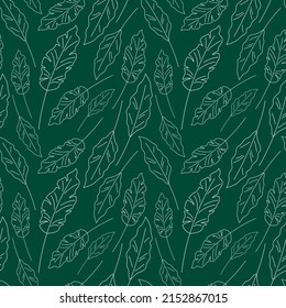 Outline leaf pattern. Vector seamless green background with white leaves. Hand drawn leaf plant repeat illustration.
