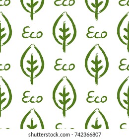Outline of  leaf and text Eco. Ecological seamless pattern. Drawn by hand. Watercolour, sketch, grunge, graffiti. Vector illustration. Green, white colour.