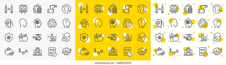 Outline Leaves, Bio shopping and Juice line icons pack for web with Anxiety, Cardio training, Head line icon. Telemedicine, Social distance, Electronic thermometer pictogram icon. Vector