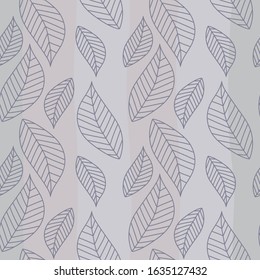 Outline leaves seamless pattern. Background of vertical stripes . Hand drawn decorative floral ornamental background. Vector illustration.