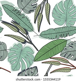 Outline leaves seamless pattern. Leaf endless wallpaper. Simple fabric design, wrapping paper. Vector illustration