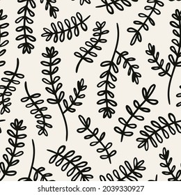 Outline leaves seamless repeat pattern. Random placed, vector doodled botany plants all over surface print on white background.