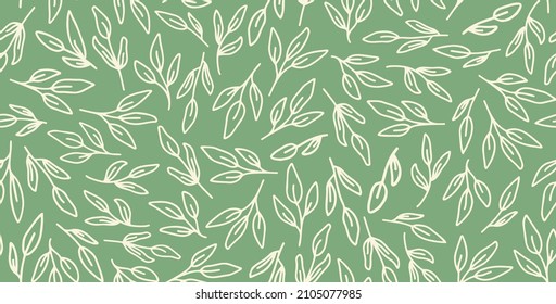 Outline leaves seamless repeat pattern on sage green background. Random placed, vector doodled botany leaf all over surface print.