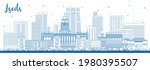 Outline Leeds UK City Skyline with Blue Buildings. Vector Illustration. Leeds Yorkshire Cityscape with Landmarks. Business Travel and Tourism Concept with Historic Architecture.