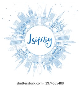 Outline Leipzig Germany City Skyline with Blue Buildings and Copy Space. Vector Illustration. Business Travel and Tourism Concept with Historic Architecture. Leipzig Cityscape with Landmarks.