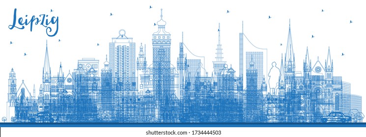 Outline Leipzig Germany City Skyline with Blue Buildings. Vector Illustration. Business Travel and Tourism Concept with Historic Architecture. Leipzig Cityscape with Landmarks.