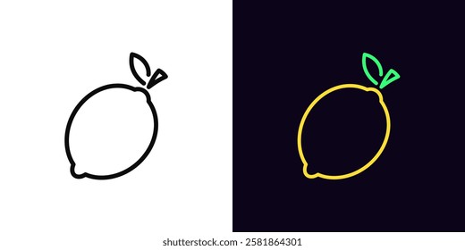 Outline lemon icon, with editable stroke. Lemon fruit with leaf, outline silhouette. Ripe citrus fruit, lemon garden, organic food, fruit diet, summer vitamins, lime fresh, health food. Vector icon