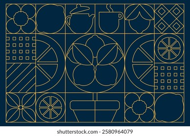 Outline Lemon Pattern, Seamless Line Art Citrus Background with Minimalist Fruits Tree, Tea, etc