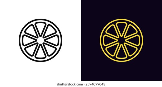 Outline lemon slice icon, with editable stroke. Half lemon fruit, lime slice. Ripe citrus fruit, antioxidants, lemon garden, organic food, fruit diet, summer vitamins, health food. Vector icon