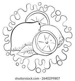 Outline lemon whole, half and slice, fresh citrus fruit coloring page vector illustration