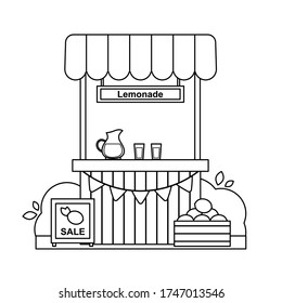 Outline lemonade stand. Black and white vector illustration. Sale lemons. Coloring book for children. Cold summer drinks.