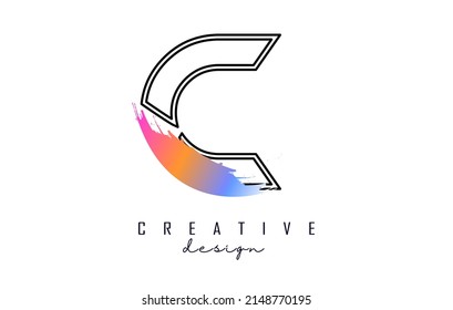 Logo de la letra contorno C con pincel arco iris y corte creativo. Ilustración vectorial creativa con letra.