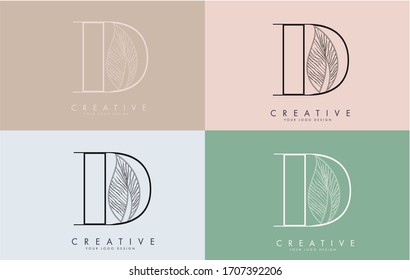 Outline Letter D Logo icon with Wired Leaf Concept Design on colorful backgrounds. Letter D with nature concept. Eco and Organic Letter Vector Illustration. 