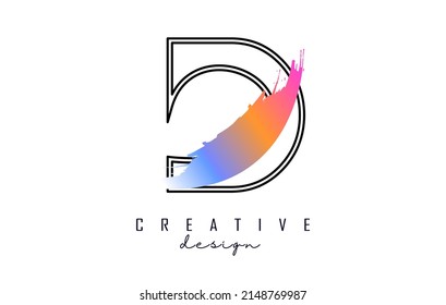 Umriss Letter D Logo mit Regenbogenbürsten und kreativem Schnitt. Kreative Vektorgrafik mit Brief.