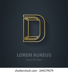 Outline Letter D. Vector elegant gold font. Template for company logo. Metallic Design element or icon.