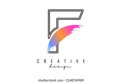 Logo de la letra contorno F con pincel arco iris y corte creativo. Ilustración vectorial creativa con letra.