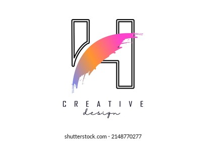 Outline Letter H logo with rainbow brush stroke and creative cut. Creative Vector Illustration with letter.