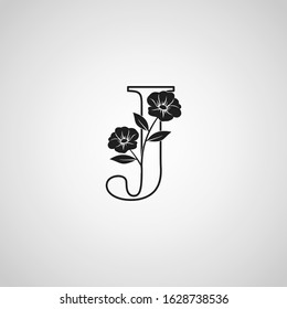 Outline Letter J Monogram Initial Logo Icon, Simple luxury vector design concept abstract nature floral flower with leaf.