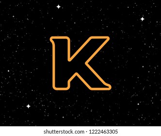 Outline letter K. Isolated yellow color on black background with stars. Contour monogram. Vector illustration