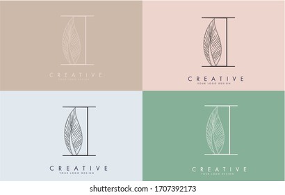 Outline Letter I Logo icon with Wired Leaf Concept Design on colorful backgrounds. Letter I with nature concept. Eco and Organic Letter Vector Illustration. 