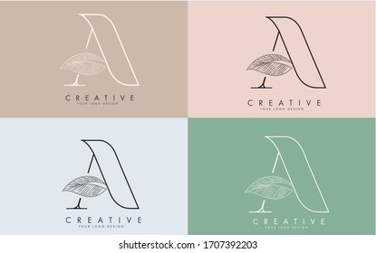 Outline Letter A Logo icon with Wired Leaf Concept Design on colorful backgrounds. Letter A with nature concept. Eco and Organic Letter Vector Illustration. 