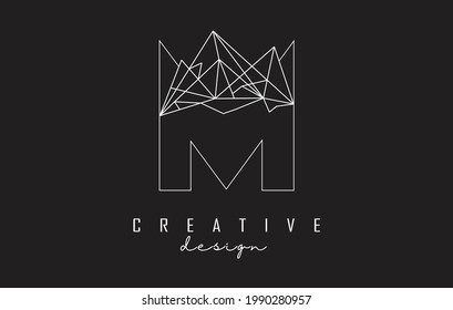 Diseño del logo de la letra M de contorno con detalles de piedra rota. Ilustración vectorial con efecto geométrico y letra M creativa. 