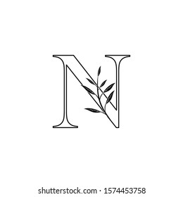 Outline Letter N logo icon, monogram initial vintage design concept nature leaves with letter N.